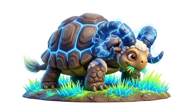Mythical turtle creature with ram horns and glowing energy