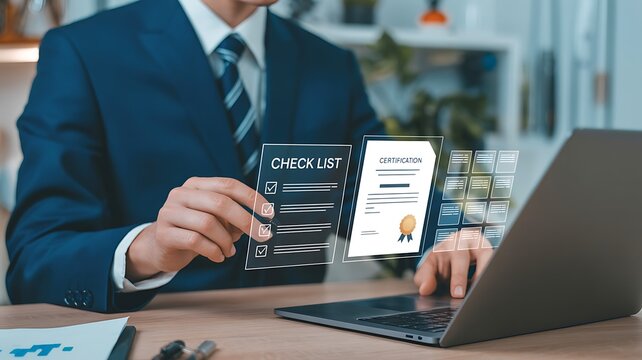 Businessman checks documents on laptop at office desk with checklist