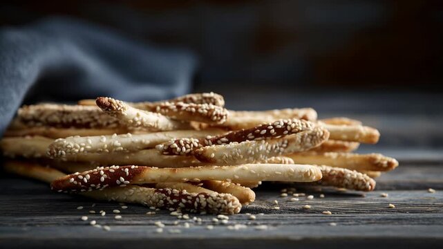 Cozy kitchen scene with hand reaching for crunchy sesame seeded breadstick fresh baked snack