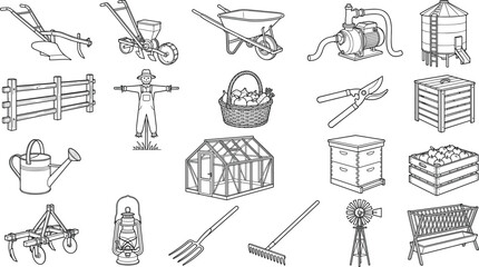 Obraz premium Farm Equipment and Agriculture Tools Line Icon Set Featuring Gardening Supplies and Rural Farming Essentials Collection