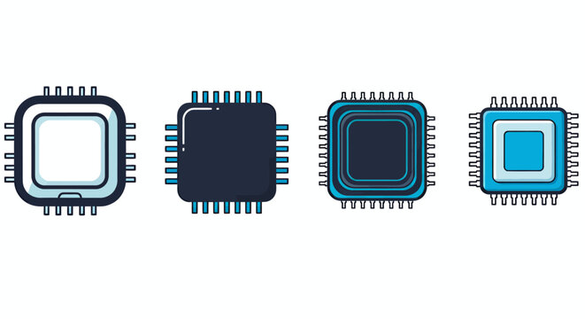 Assorted microchip processors and chip packages arranged in a row for a high-tech electronics composition.