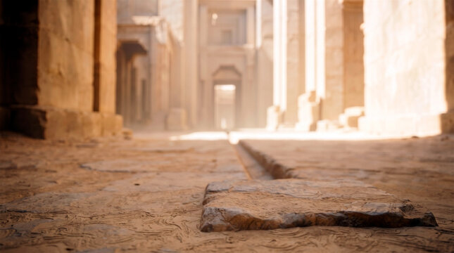 Low angle view of an ancient stone water channel in a sunlit temple ruin
