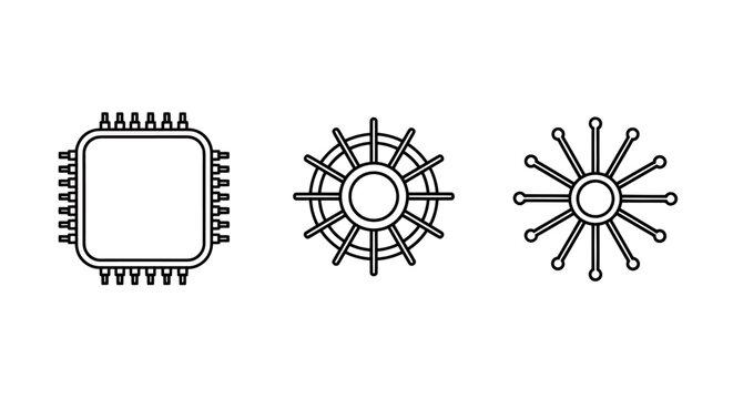 Illustration of electronic components and connectors: square chip, circular hub, and peripheral sockets.