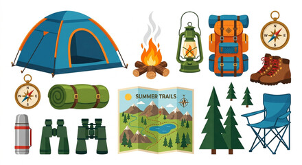Fototapeta premium Camping, hiking, outdoor adventure icons, travel, exploration, 16 vector elements