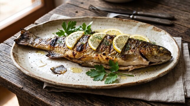 Traditional Macedonian Ohrid Trout Fish on Platter