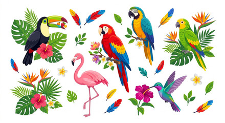 Fototapeta premium Tropical birds, colorful parrots, flamingos, hummingbirds, jungle wildlife icons, exotic floral elements
