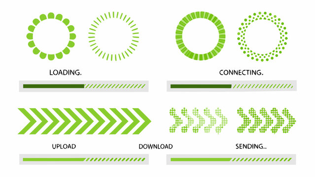 Green circular and linear loading animations vector illustration