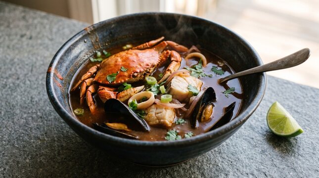 Traditional Peruvian Parihuela Seafood Soup Bowl