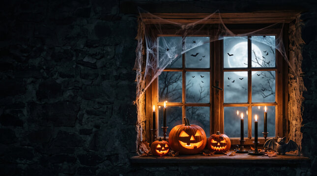 Spooky Halloween window view with glowing pumpkins candles spider web and full moon