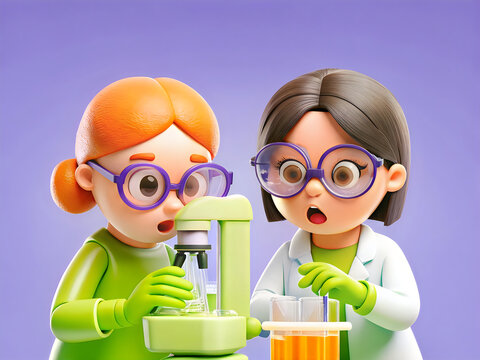 Two curious cartoon children wearing protective goggles exploring science with a microscope and test tube