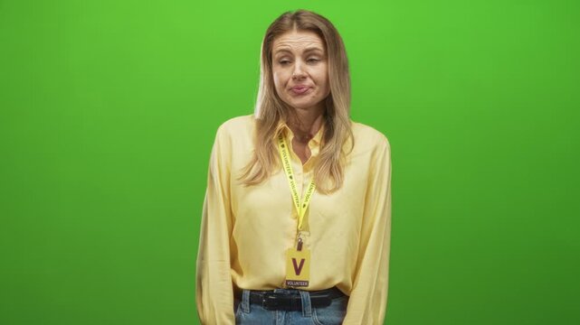 Woman wearing yellow shirt and volunteer visitor card with lanyard, face visible and pursing lips while glancing sideways in studio; skeptical.