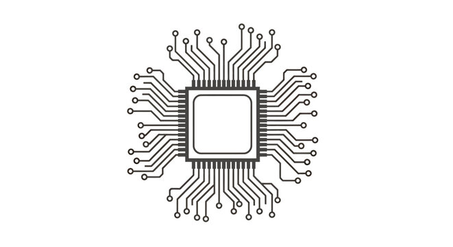 Abstract microchip with radiating circuit lines forming a square processor for modern technology imagery.
