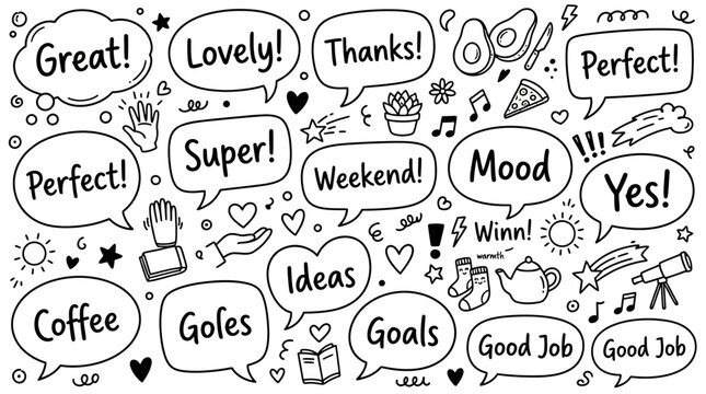 Hand drawn doodle speech bubble vector set with positive text expressions for social media and creative design
