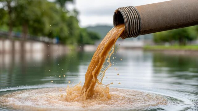 A pipe discharges muddy brown wastewater into a river, highlighting severe environmental pollution.