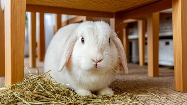 A fluffy white lop-eared rabbit sits quietly on a carpet under a wooden chair, nibbling on hay.