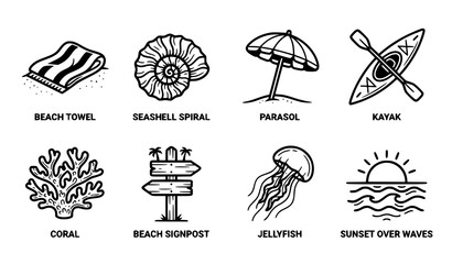 Beach and ocean line icon set with towel, seashell spiral, parasol, kayak, coral, signpost, jellyfish and sunset symbols © Abddulah