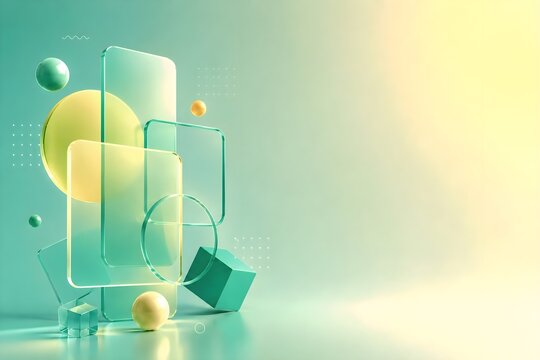 Modern Glassmorphism Abstract Background with Mint Green, Yellow Gradient, Floating Geometric Shapes and Copy Space