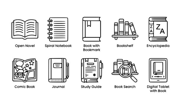 Reading and book icon collection with novel, notebook, bookshelf, encyclopedia, comic book, journal and study guide symbols