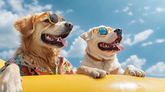 Two happy dogs wearing sunglasses enjoy a sunny day in a yellow pool float under a bright blue sky.