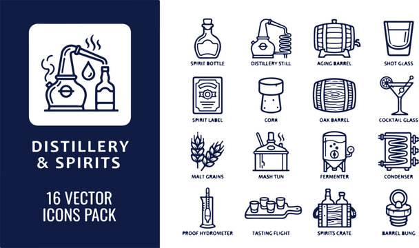 Linear icons set representing distillery production process, alcohol brewing equipment, whiskey aging barrels, and spirit bottles.