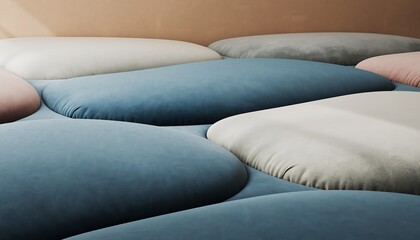 Obraz premium Soft, Rounded Upholstered Cushions in Serene Blue and Beige Tones - Cozy Modern Interior Detail