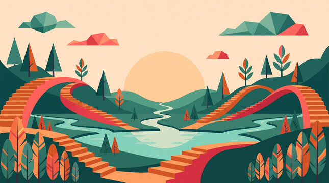 Abstract Geometric Staircase Bridge River Valley Vector Wallpaper
