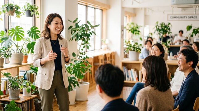 セミナーで笑顔で話す女性講師と聴衆（コワーキングスペース）