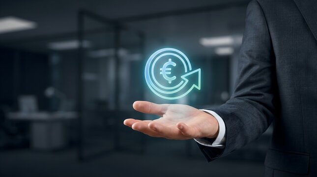 Euro Currency Exchange Transfer Icon Floating Above Business Hand in Modern Financial Technology Concept