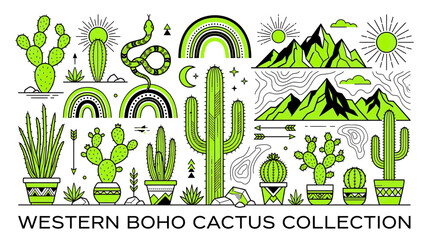 Obraz premium Boho Desert Elements Collection, Cactus and Mountains