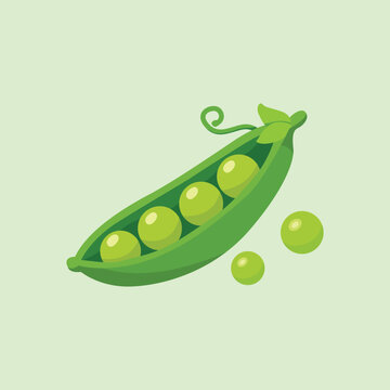 A vibrant illustration of a single pea pod bursting with five perfectly round, green peas, with three extra peas scattered around it on a light green background