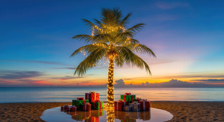 Fototapeta premium Tropical christmas scene with palm tree decorated with lights and gifts on sandy beach at sunset