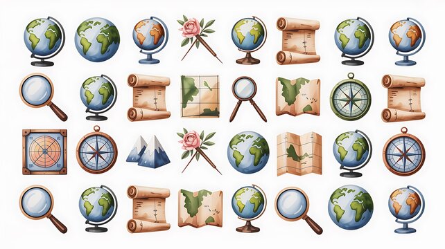 A collection of 35 charming watercolor travel adventure elements featuring globes maps scrolls and vintage navigational tools