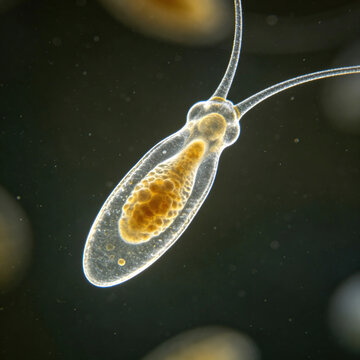 Bright-field photomicrograph of the protozoan *Trypanosoma brucei*, showing the flagellated form in blood; a parasitological microscopic observation.