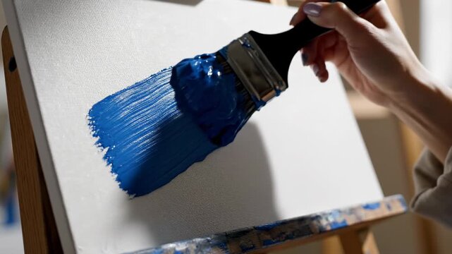 Hand applying blue paint stroke on white canvas