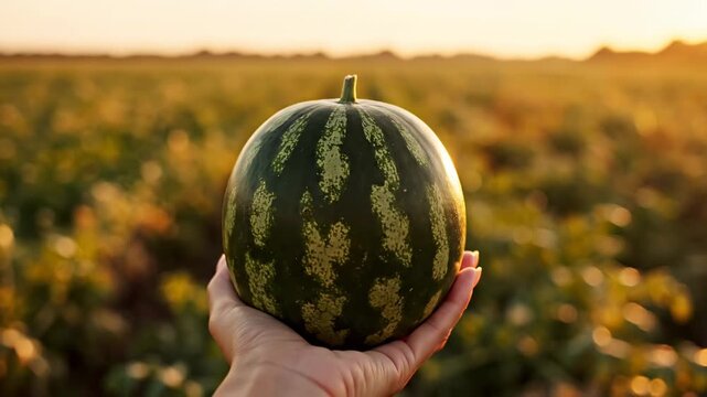 Hand holding watermelon in farm field at sunset