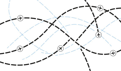 Airplane flight routes pattern and global aviation with black and blue dashed lines. dotted airplane flight tracks and logistics design. vector  illustration. © Shadex Studio