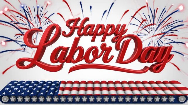 Happy Labor Day greeting with fireworks and American flag