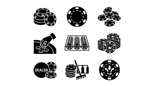 Casino gambling and poker chips icons set
