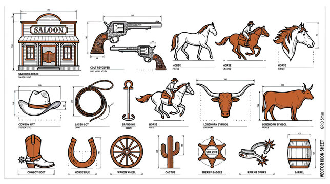 Wild West Vector Icons: Cowboy, Horse, and Saloon Illustrations
