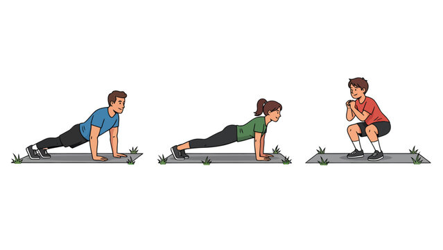 Three people performing different exercises outdoors on mats: a man doing a plank, a woman doing a plank, and a man doing a squat.