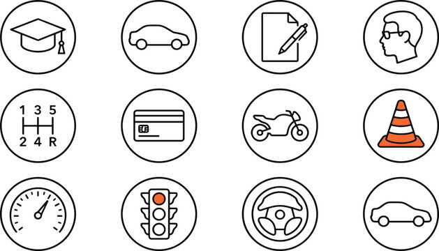Driving school training line icon set including car license traffic cone steering wheel gear shift vector illustration isolated on white background