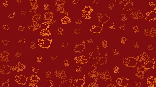 Subtle Red Gold Chinese Zodiac Animals Outline Pattern Background