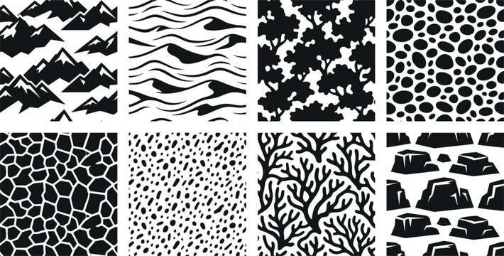 Black and White Nature Texture Pattern Vector Set with Mountains, Waves, Rocks, and Organic Shapes