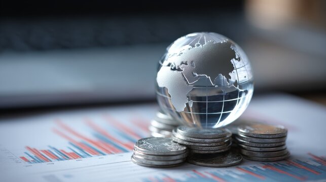 Crystal globe on stacked coins with blurred laptop displaying financial growth chart, global business strategy concept featuring investment planning, economic analysis, wealth management, internationa