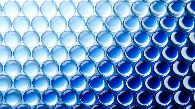 Close up view of many translucent spherical glass marbles arranged in a neat grid pattern that gradually transitions from a bright pale light blue color to a deep saturated dark navy tone