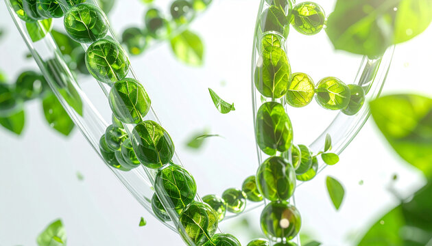 Bio-inspiration: A stylized DNA helix composed of vibrant green leaves and water droplets, symbolizing nature's ingenuity and sustainable innovation.