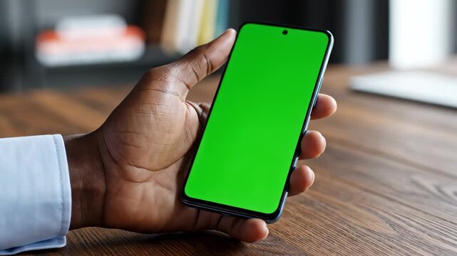 Hand holding a smartphone with a vibrant green screen, suggesting app development, virtual reality, or mobile technology usage