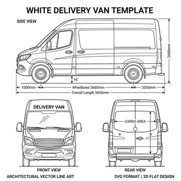 White Delivery Van Template, Technical Drawing Vector