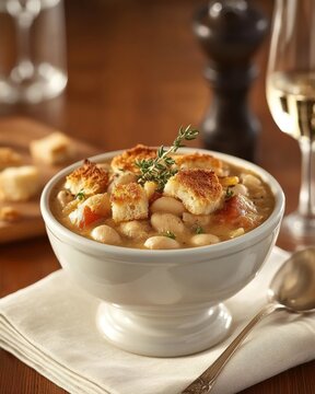 A delicious bowl of hearty lima bean cassoulet in a rustic style