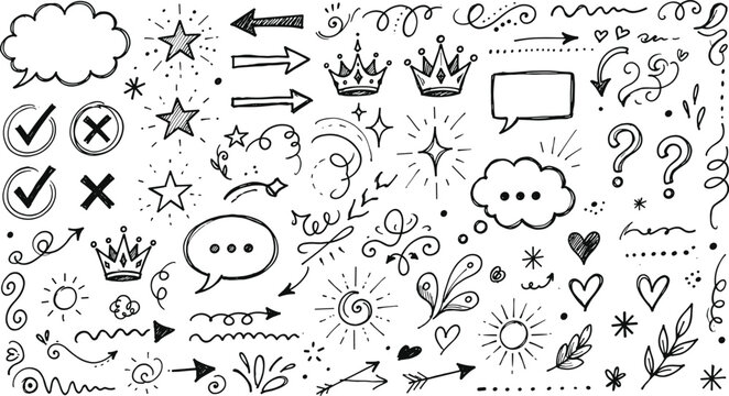 Hand drawn sketch scribble doodle element mega set including speech bubble arrow star crown heart vector icons isolated on white